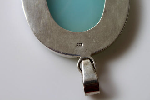 Blue CHALCEDONY pendant STERLING SILVER .925 Big Huge Large.